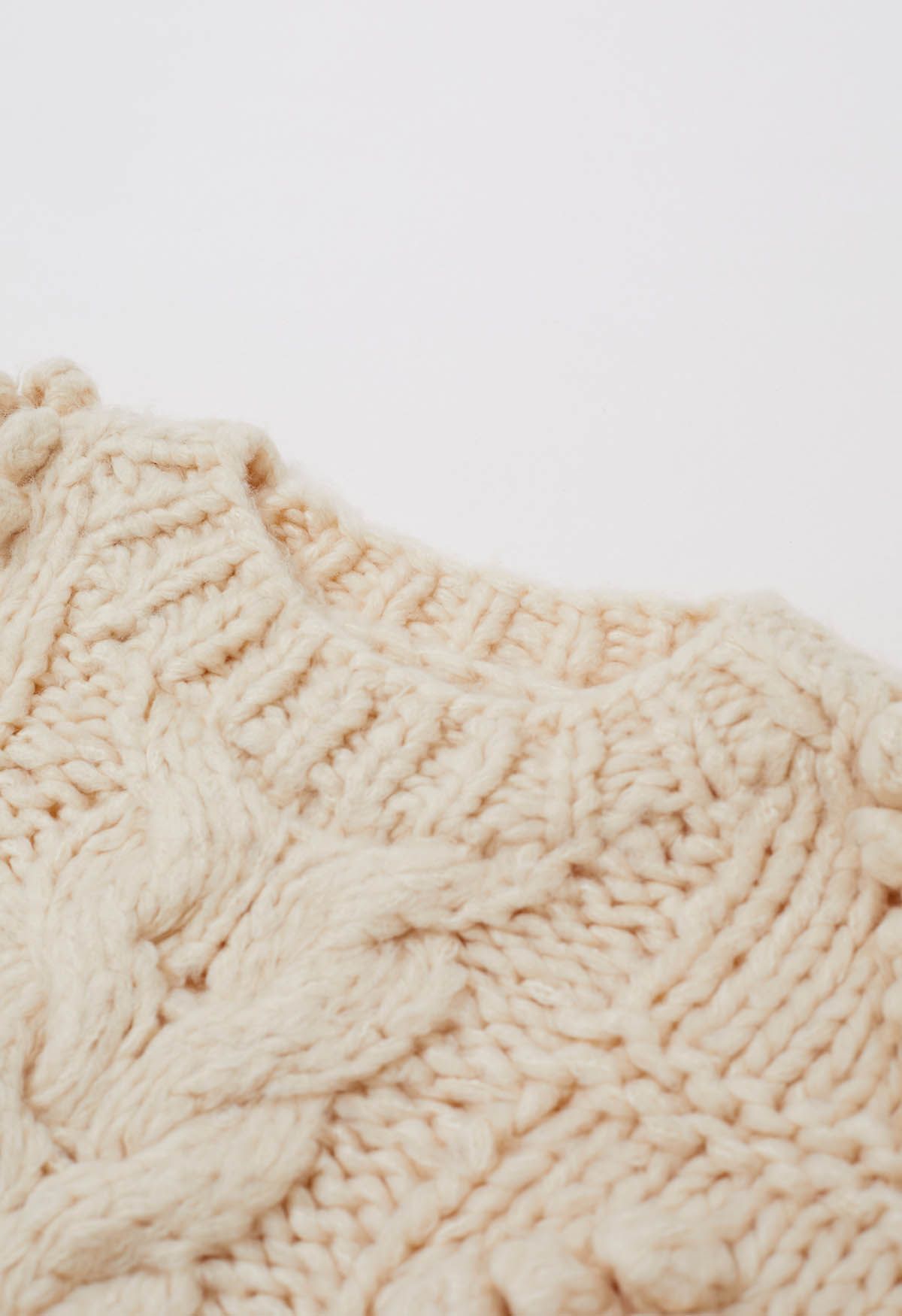 Pom-Pom Heart Braid Hand Knit Sweater in Cream