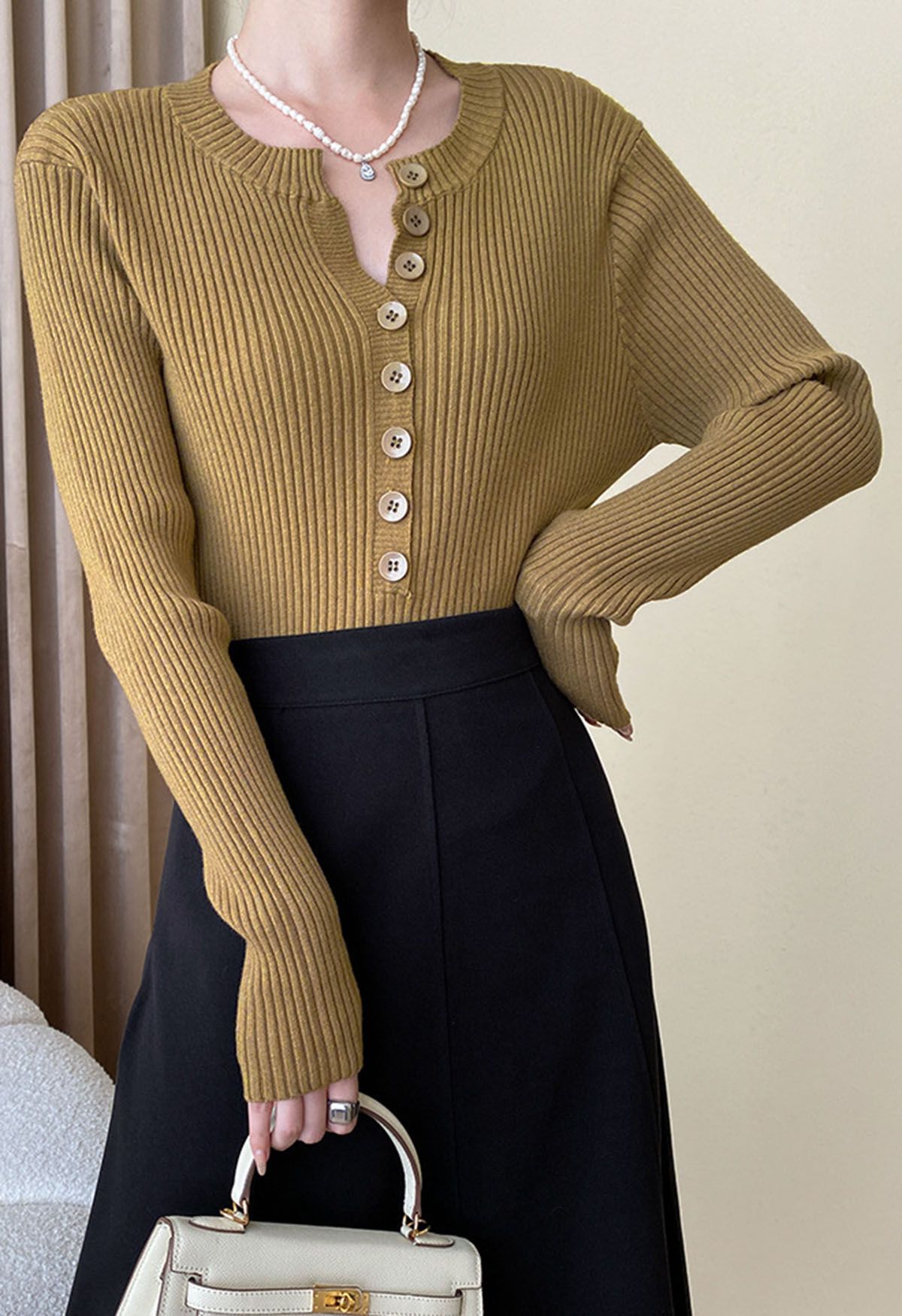 Versatile Button Front Ribbed Knit Top in Khaki