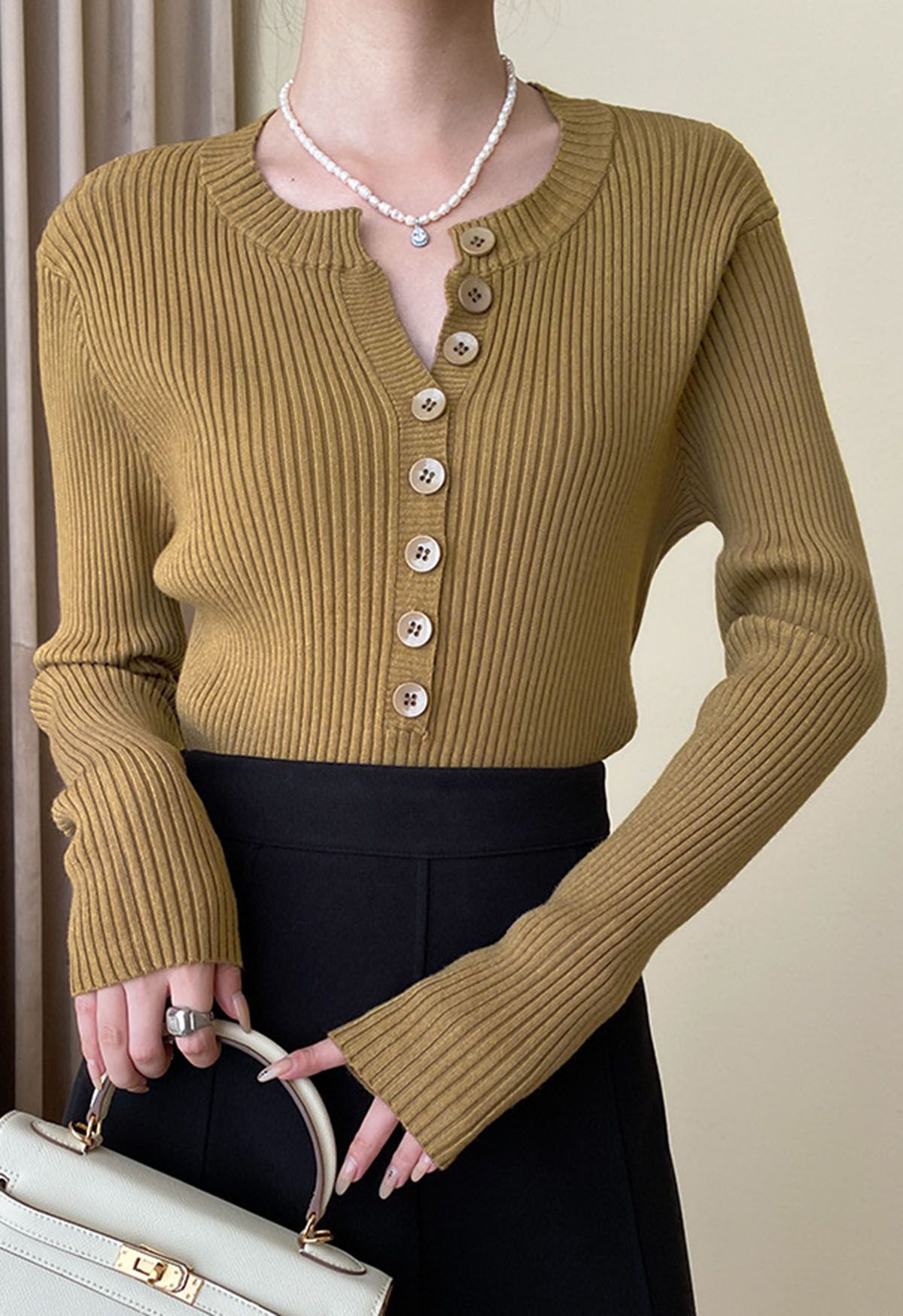 Versatile Button Front Ribbed Knit Top in Khaki