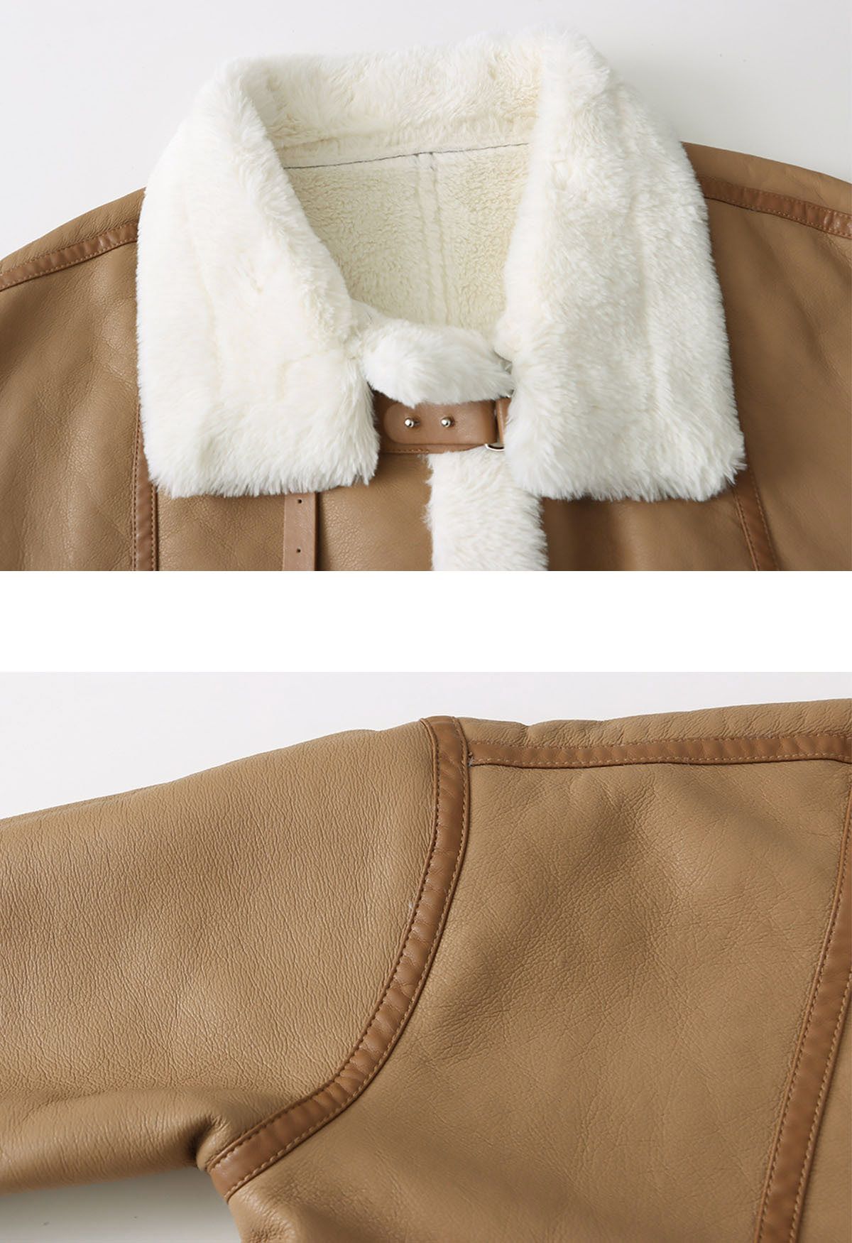 Faux Fur Buckle Fastening PU Leather Jacket in Camel