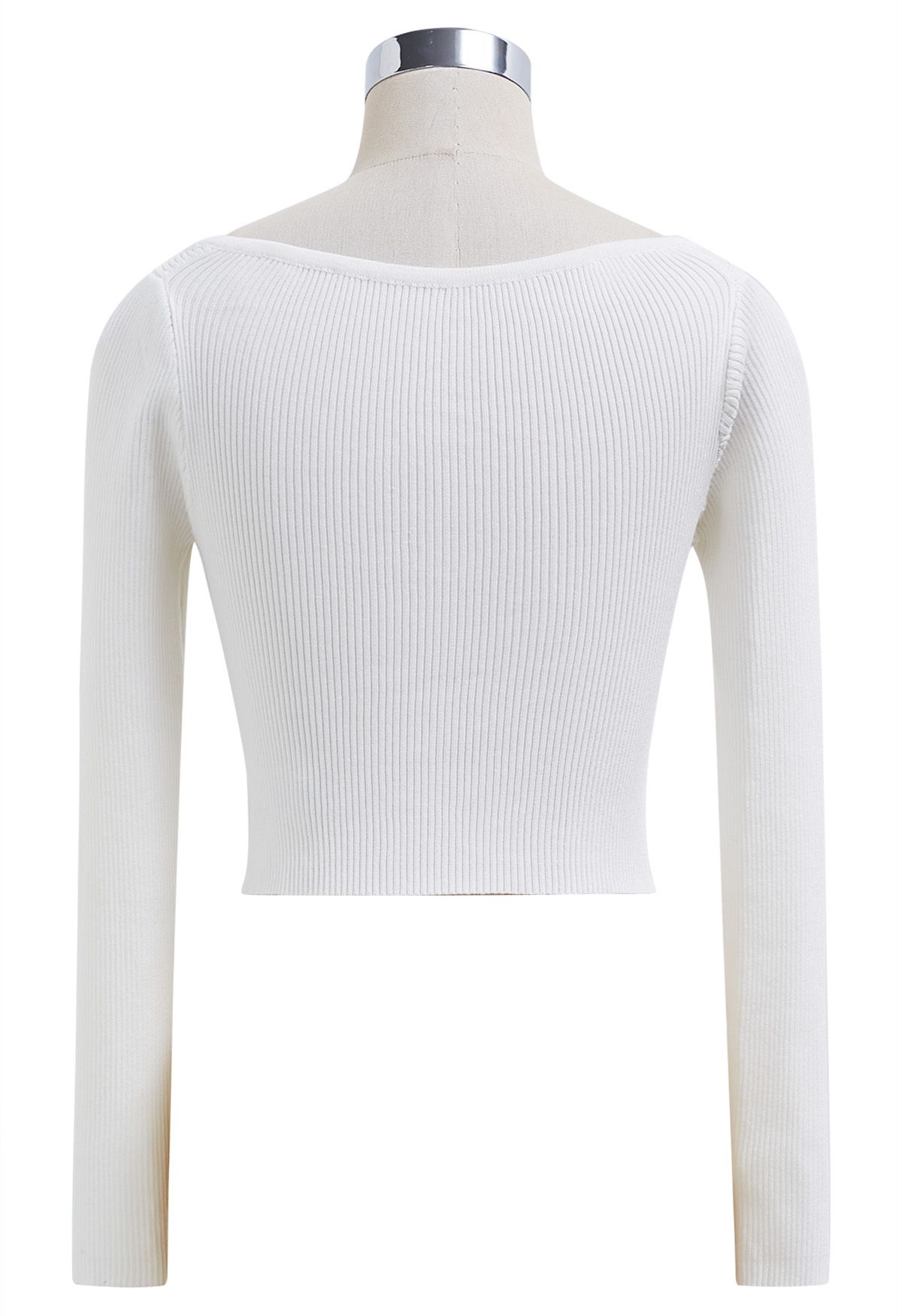 Notched Neckline Ribbed Knit Crop Top in White