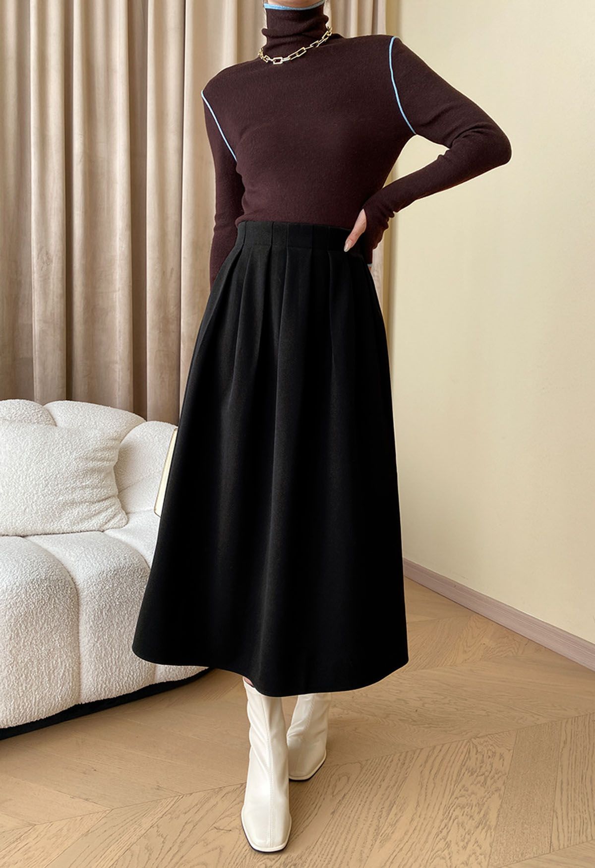 Solid Color Wool-Blend Pleated Midi Skirt in Black - Retro, Indie and ...