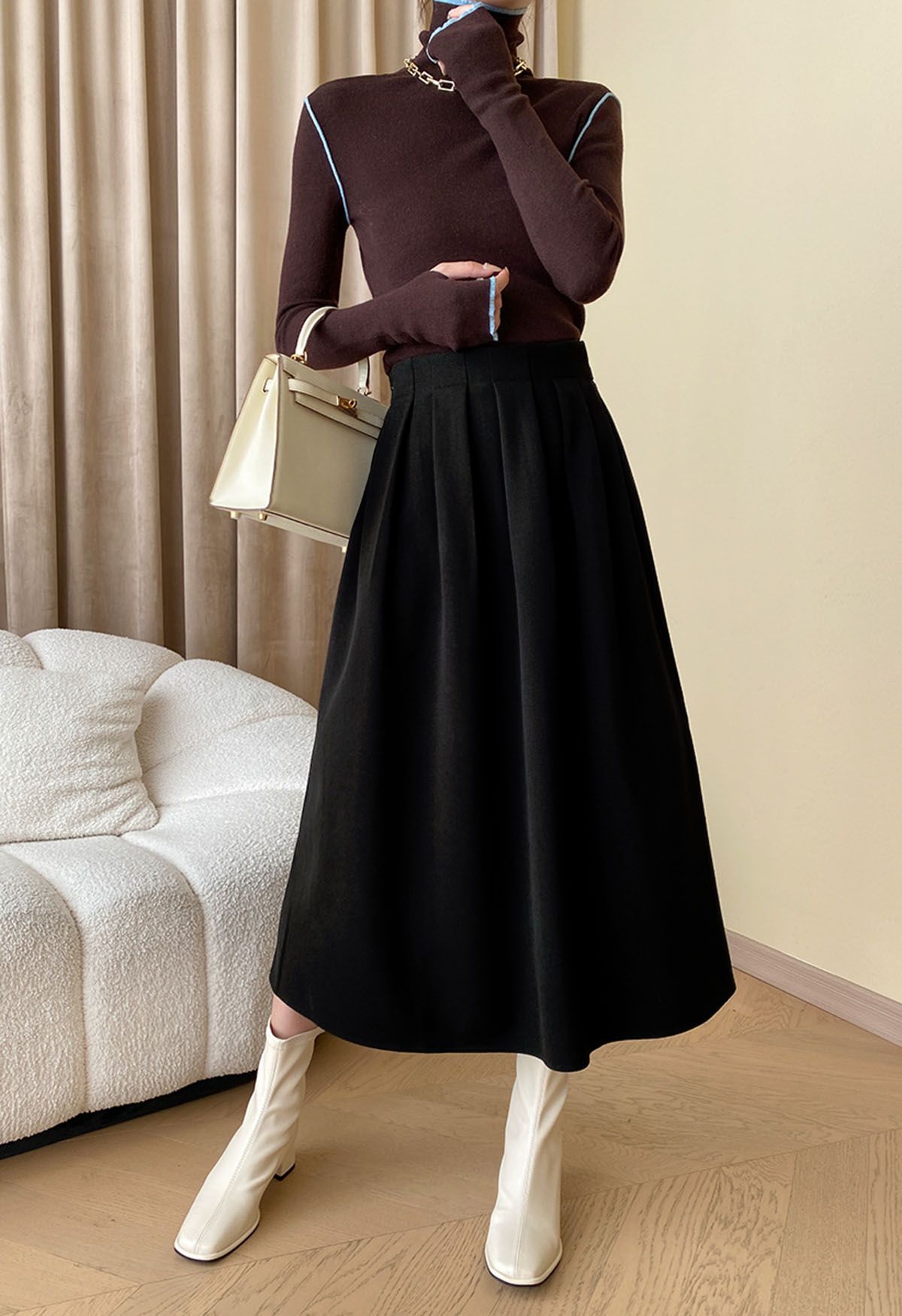 Solid Color Wool-Blend Pleated Midi Skirt in Black - Retro, Indie and ...