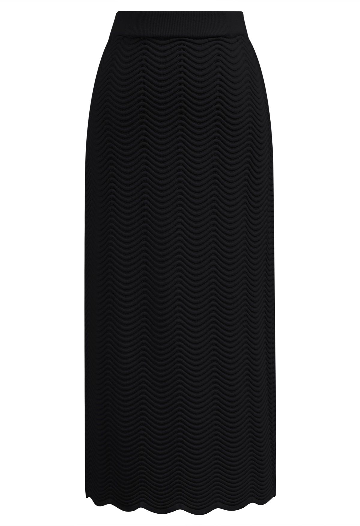 Embossed Wavy Texture Knit Pencil Skirt in Black