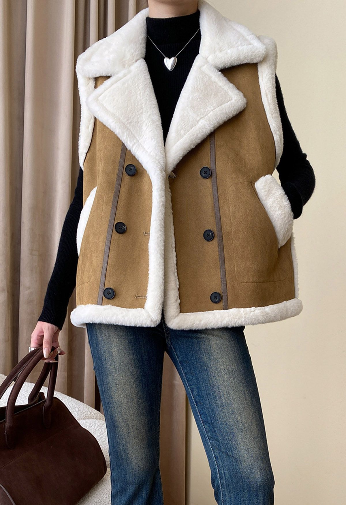Faux Fur Suede Double-Breasted Vest Jacket
