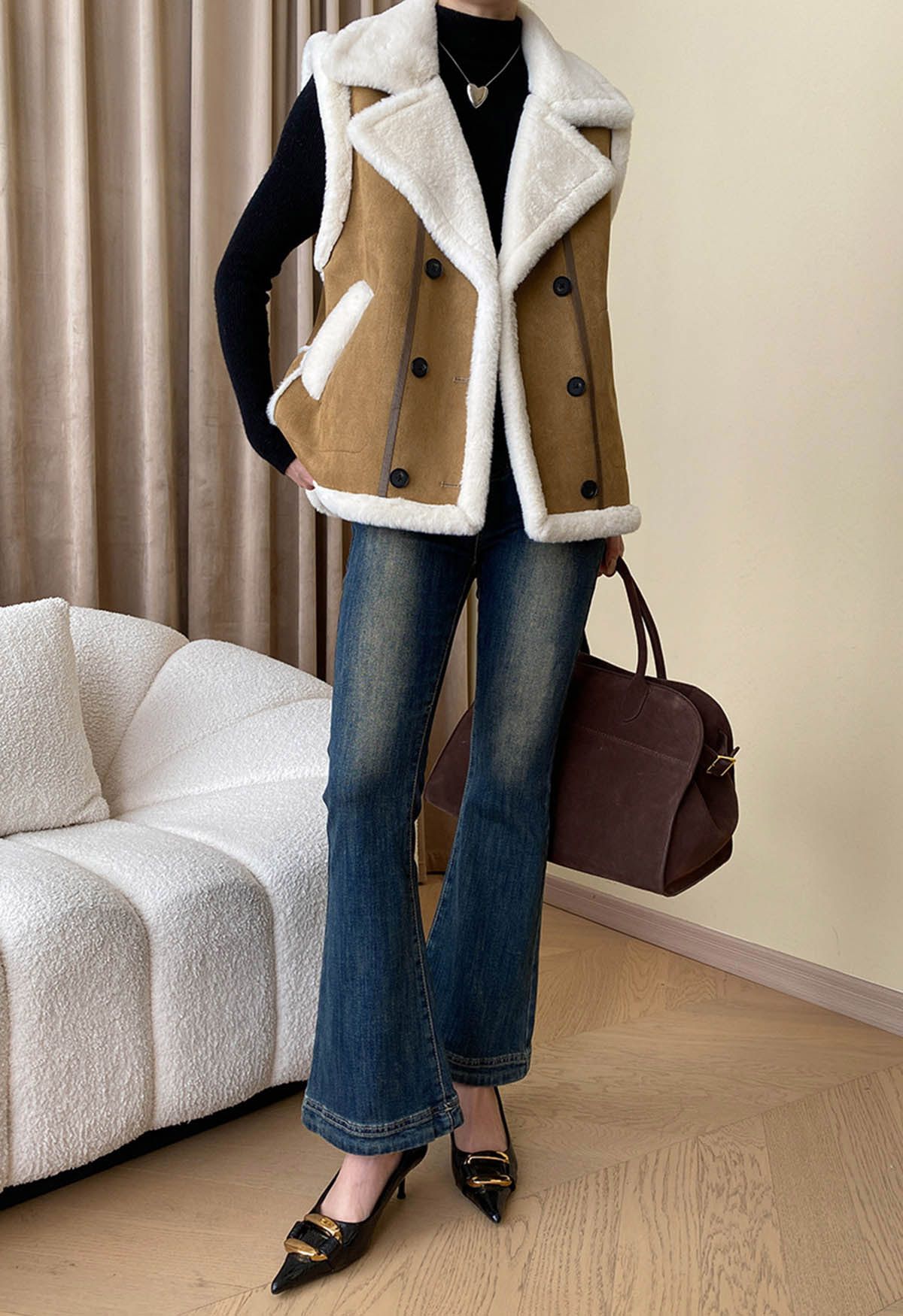 Faux Fur Suede Double-Breasted Vest Jacket
