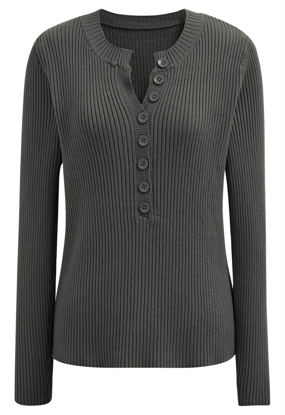Versatile Button Front Ribbed Knit Top in Smoke