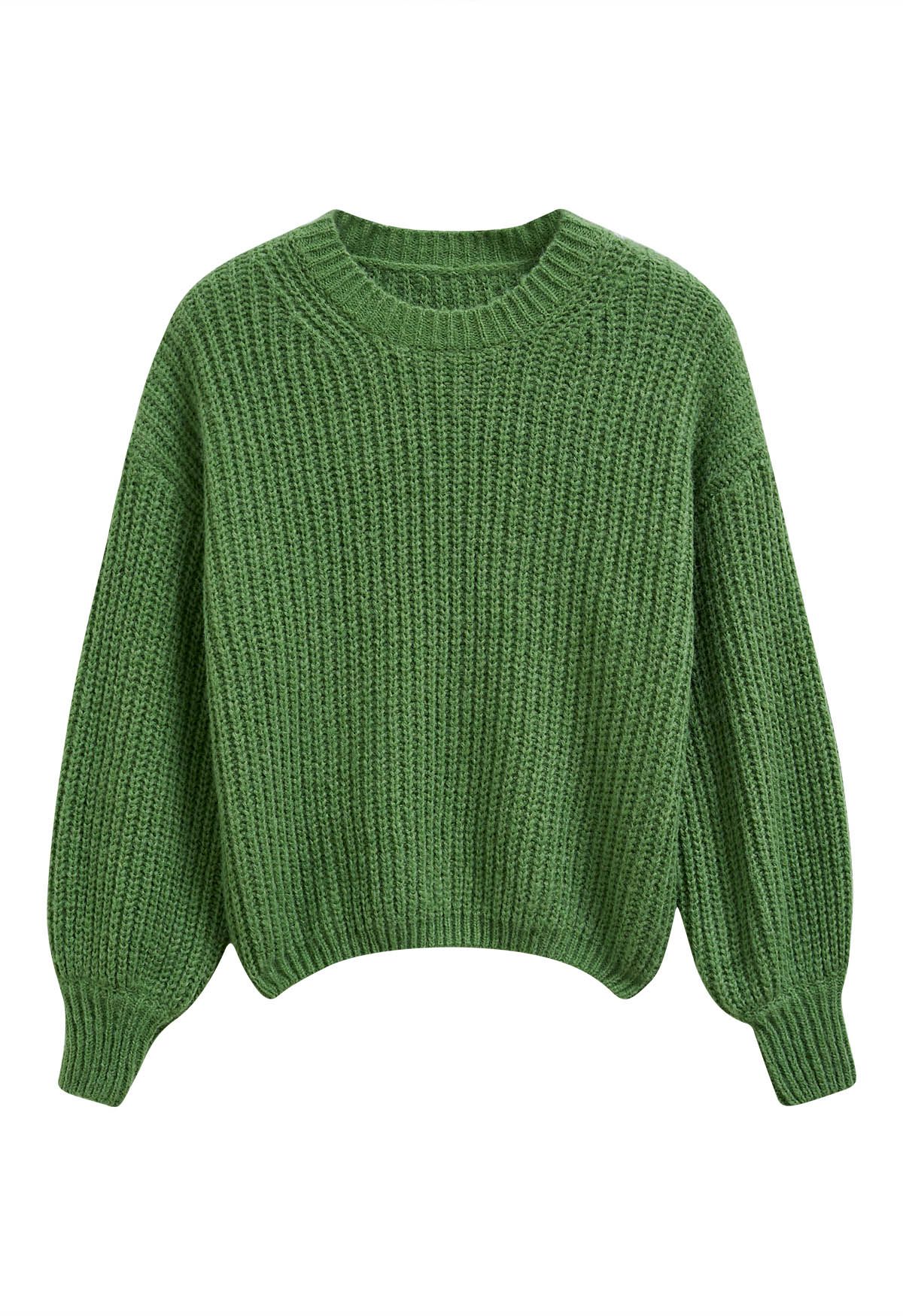 Solid Color Rib Knit Sweater in Green