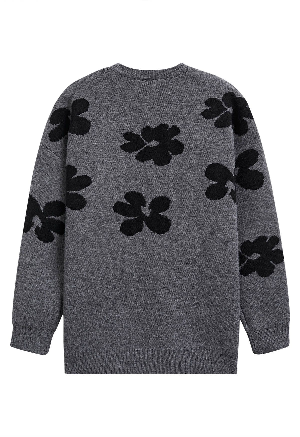 Contrast Flower Pattern Knit Sweater in Smoke