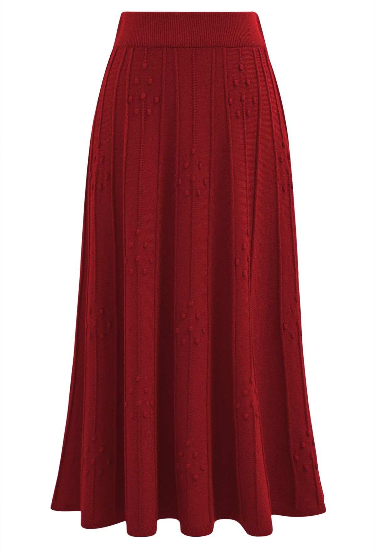 Embossed Dots Seam Knit Midi Skirt in Red