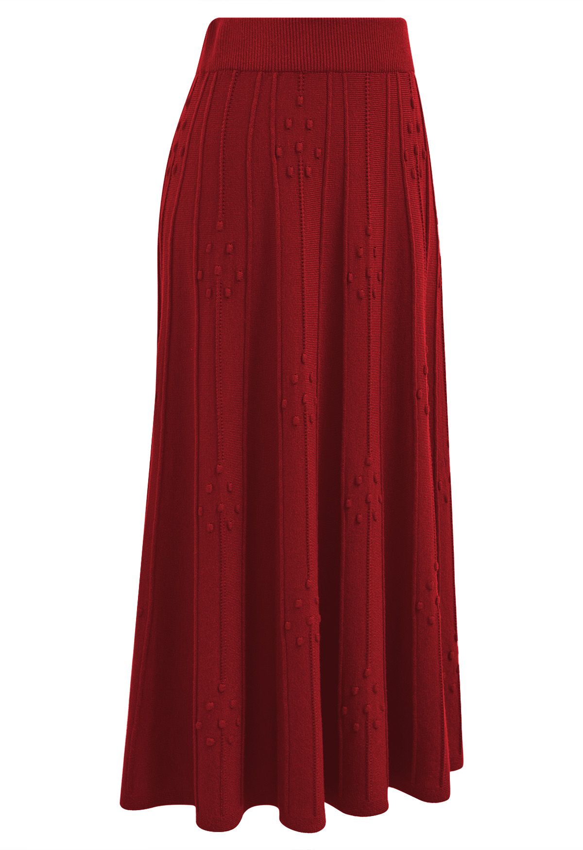 Embossed Dots Seam Knit Midi Skirt in Red