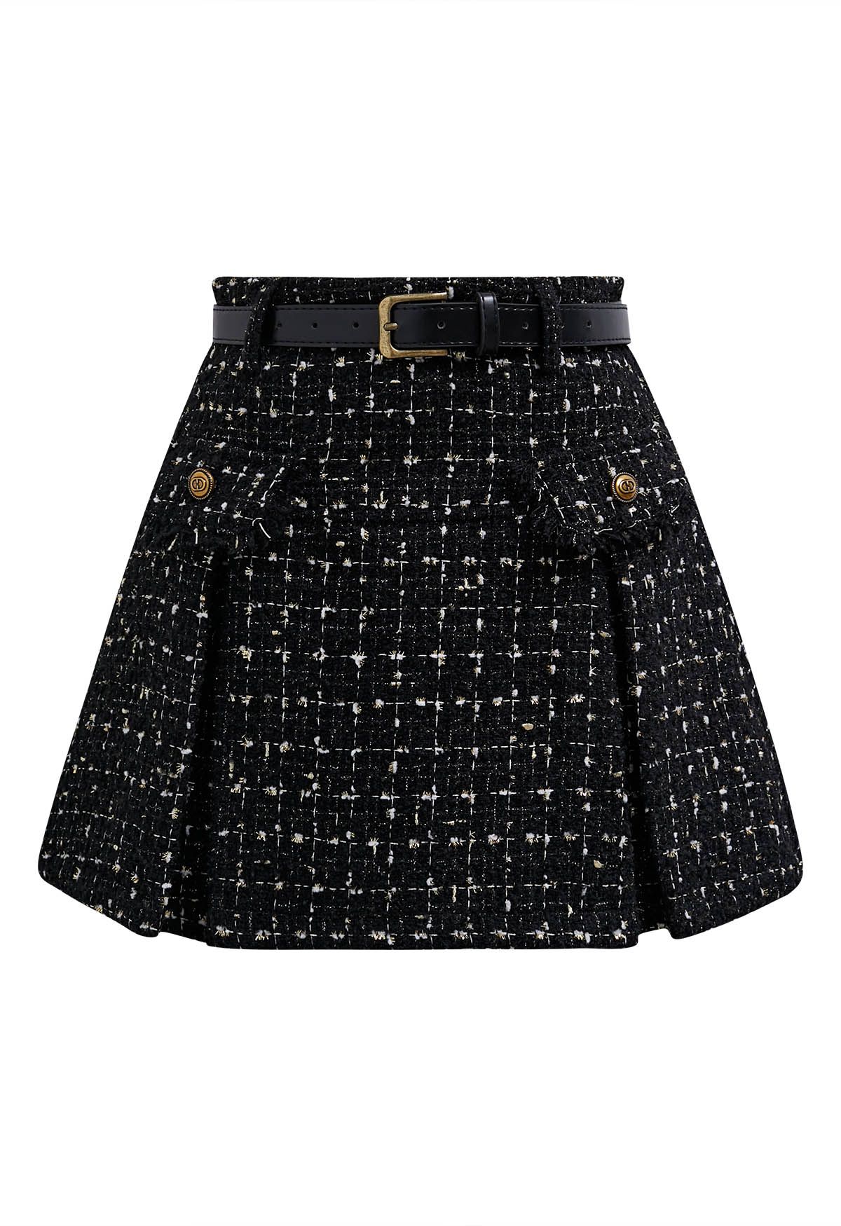 Metallic Tassel Grid Tweed Pleated Skirt with Belt in Black