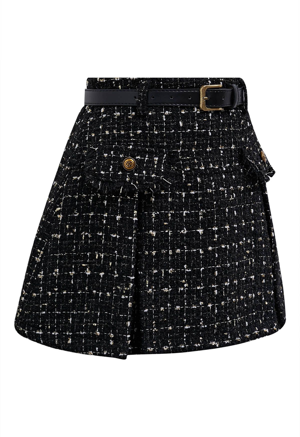 Metallic Tassel Grid Tweed Pleated Skirt with Belt in Black