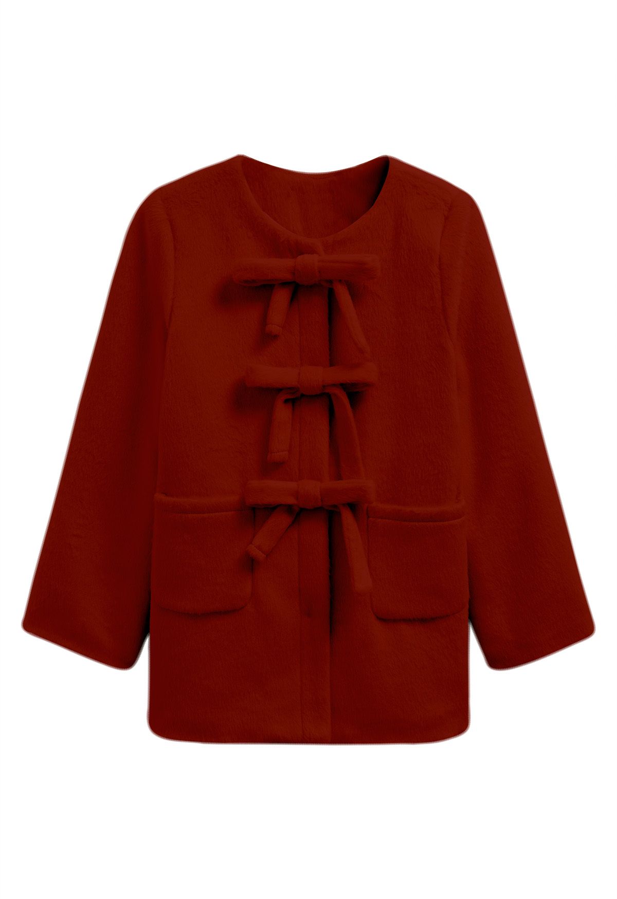 Collarless Bowknot Fuzzy Coat in Red