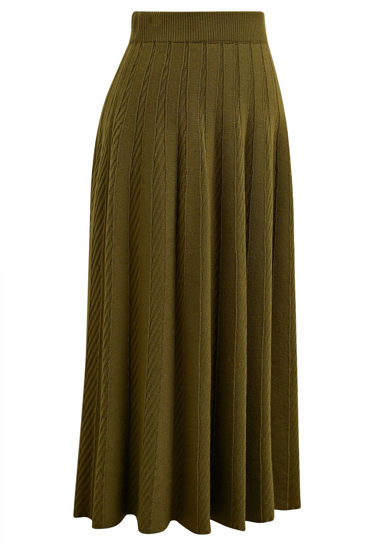 Diagonal Ribbed Pleated Knit Skirt in Army Green