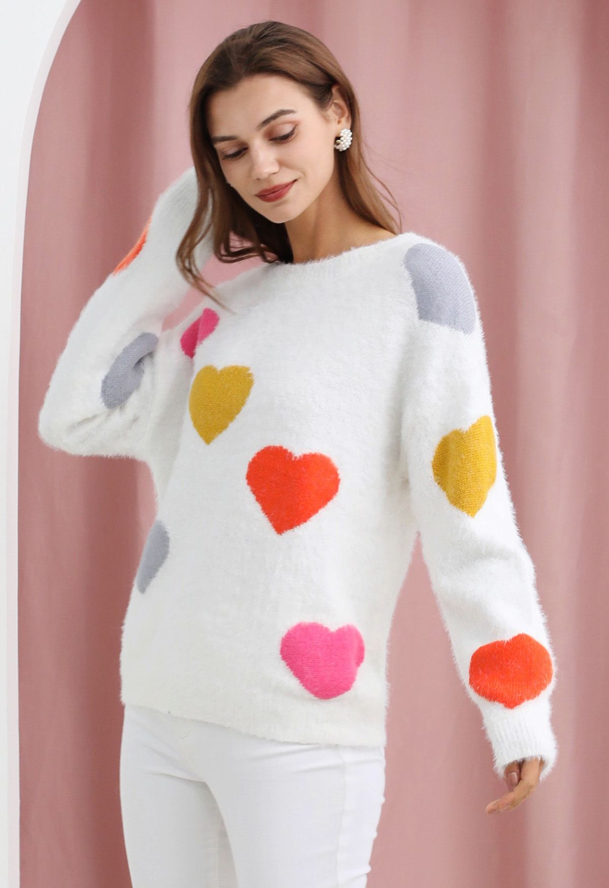 Colorful Heart Pattern Fuzzy Knit Sweater