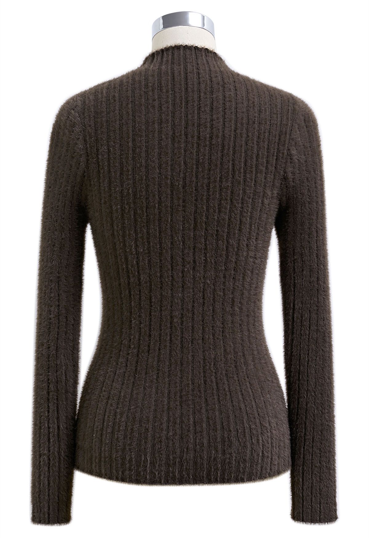 Mock Neck Fuzzy Rib Knit Top in Brown - Retro, Indie and Unique Fashion