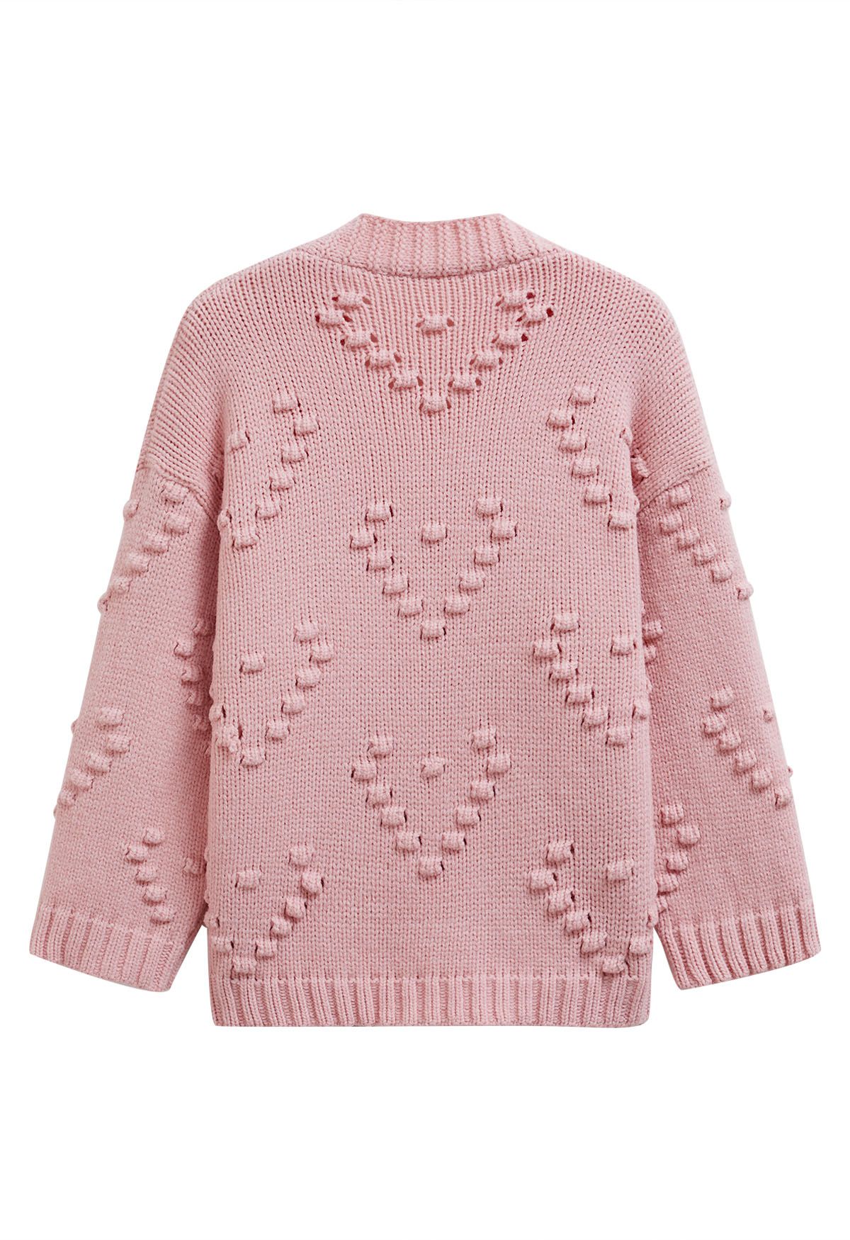 Pom-Pom Hearts Button Down Knit Cardigan in Pink