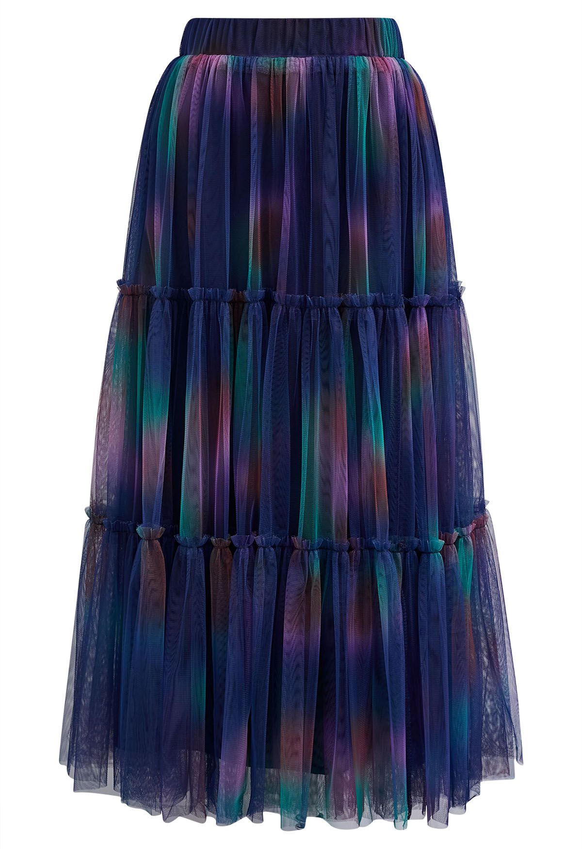 Tie Dye Double-Layered Mesh Tulle Skirt in Indigo