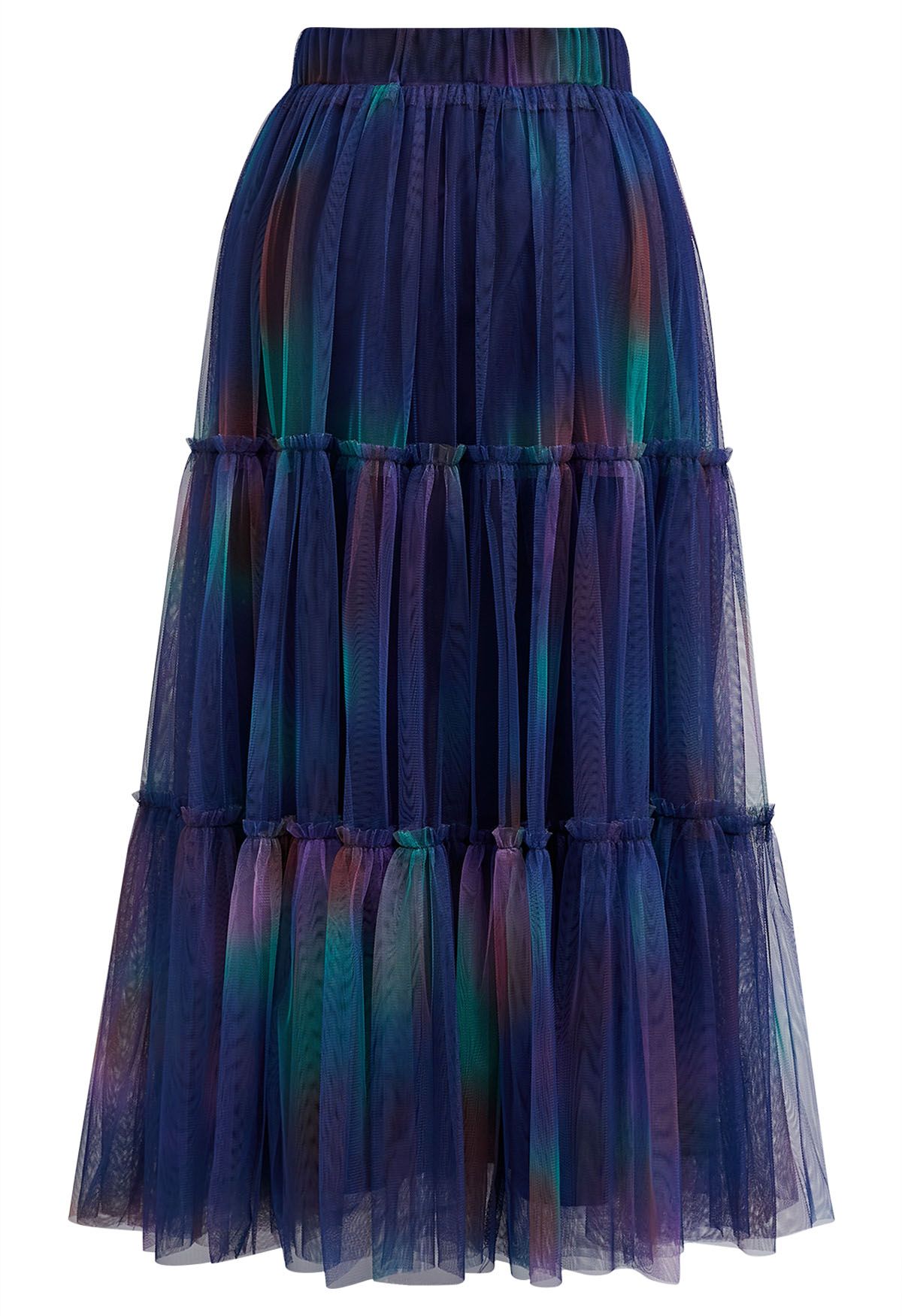 Tie Dye Double-Layered Mesh Tulle Skirt in Indigo