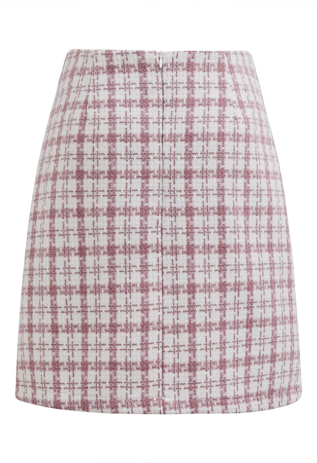 Patch Pocket Plaid Tweed Flap Skirt in Pink