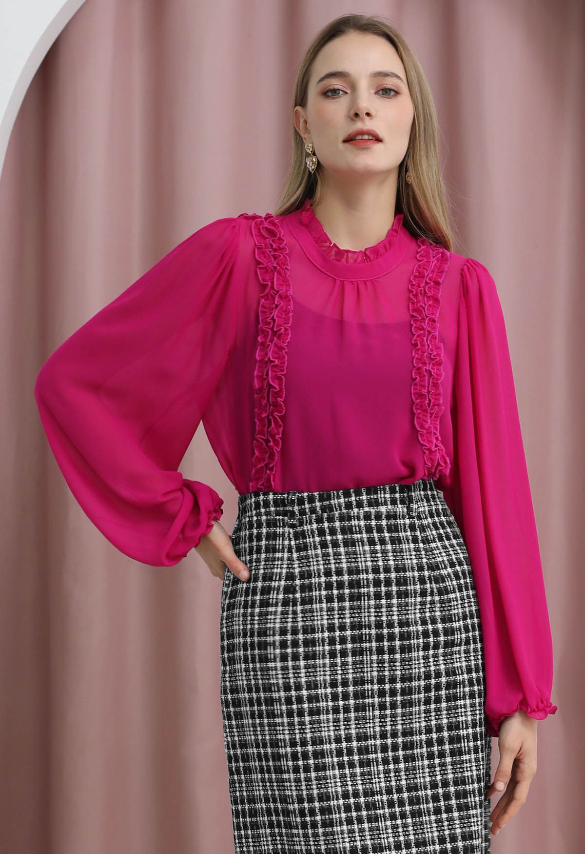 Ruffle Adorned Bubble Sleeves Chiffon Top in Hot Pink