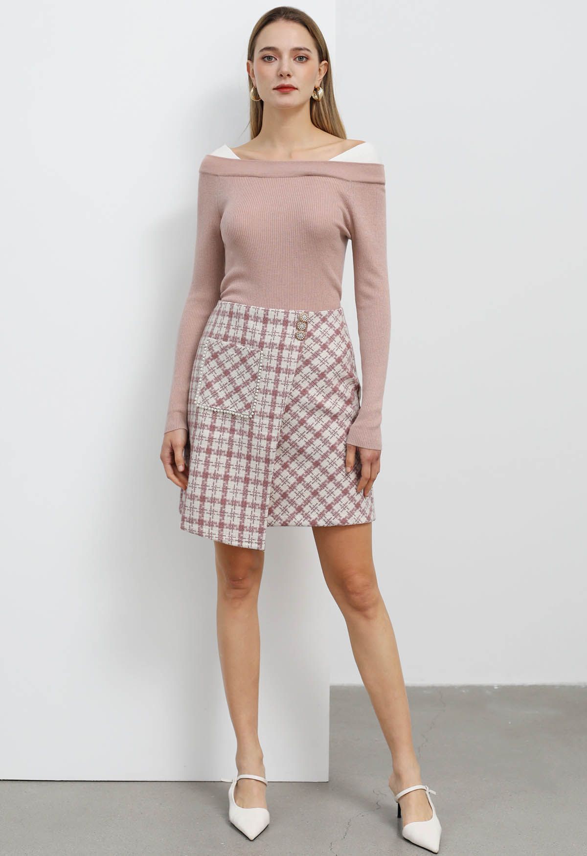 Patch Pocket Plaid Tweed Flap Skirt in Pink