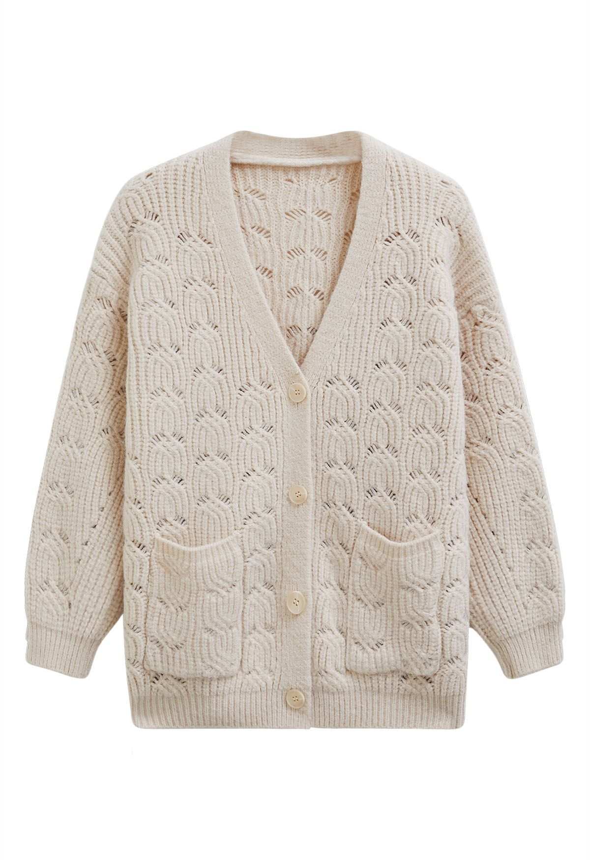 Button Front Pointelle Knit Cardigan in Oatmeal - Retro, Indie and