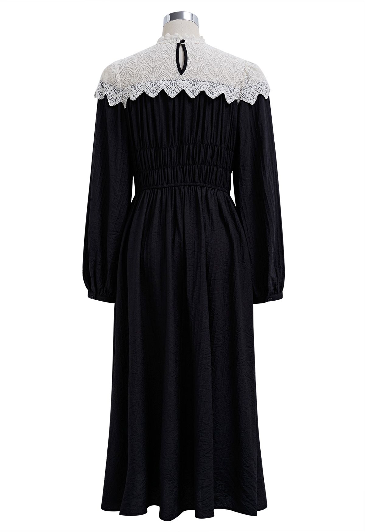 Lace Spliced Shirred Midi Dress in Black
