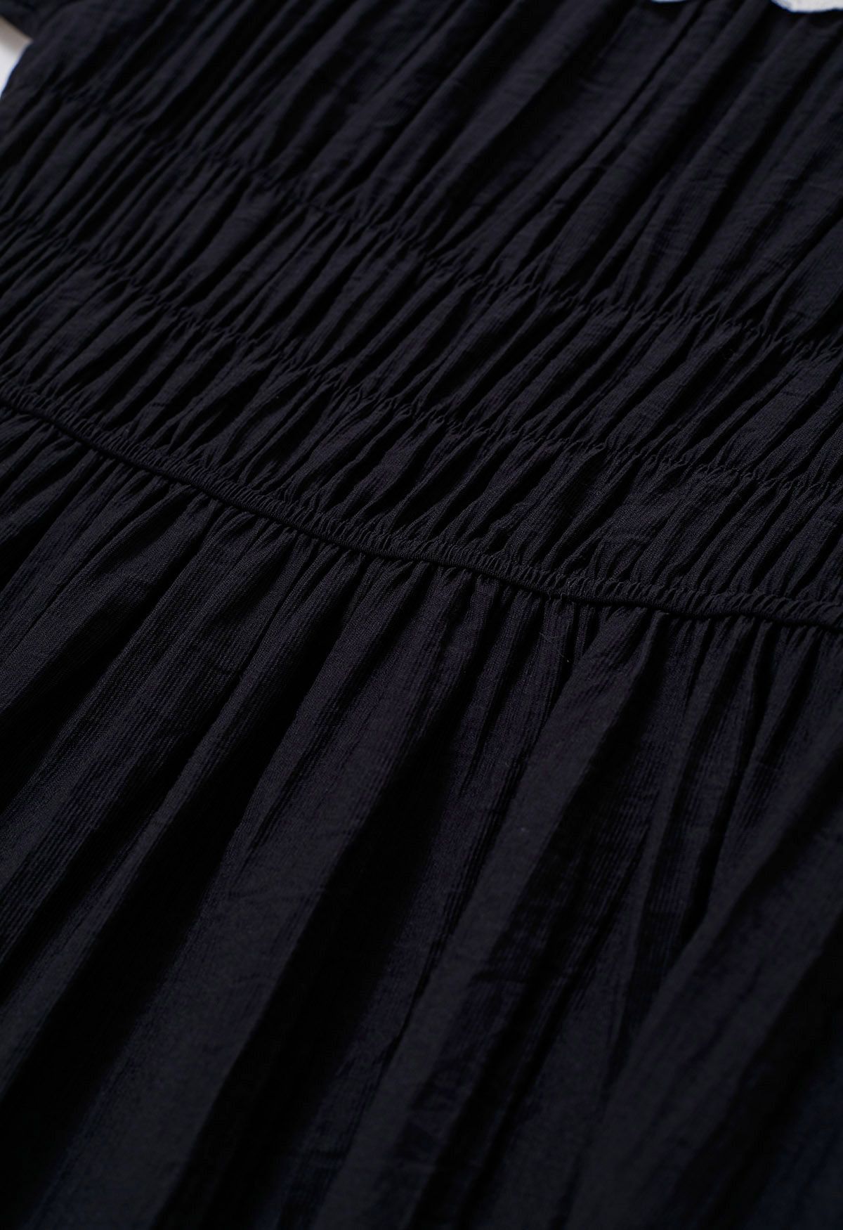 Lace Spliced Shirred Midi Dress in Black
