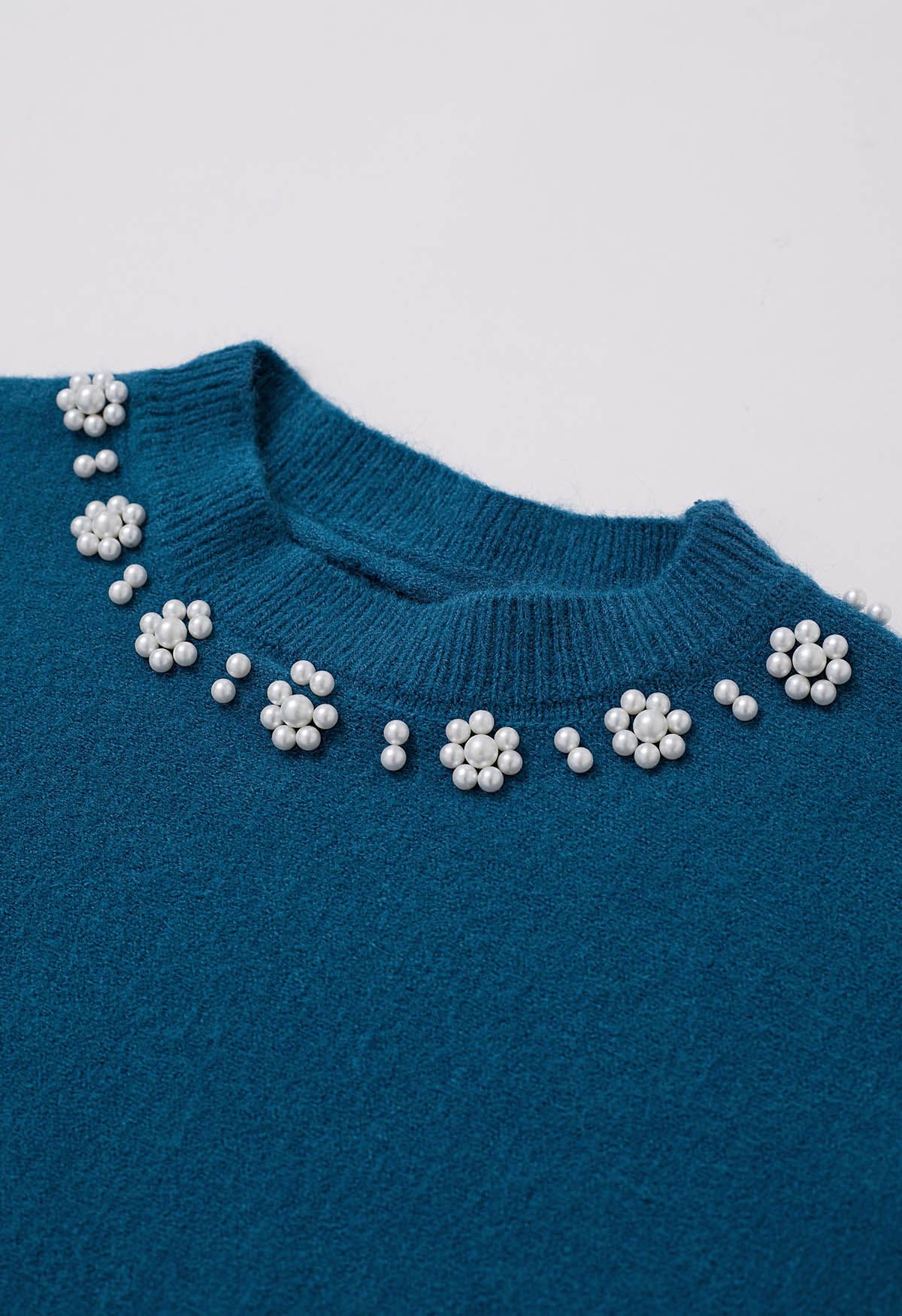 Pearl Neckline Ribbed Knit Twinset Dress in Indigo
