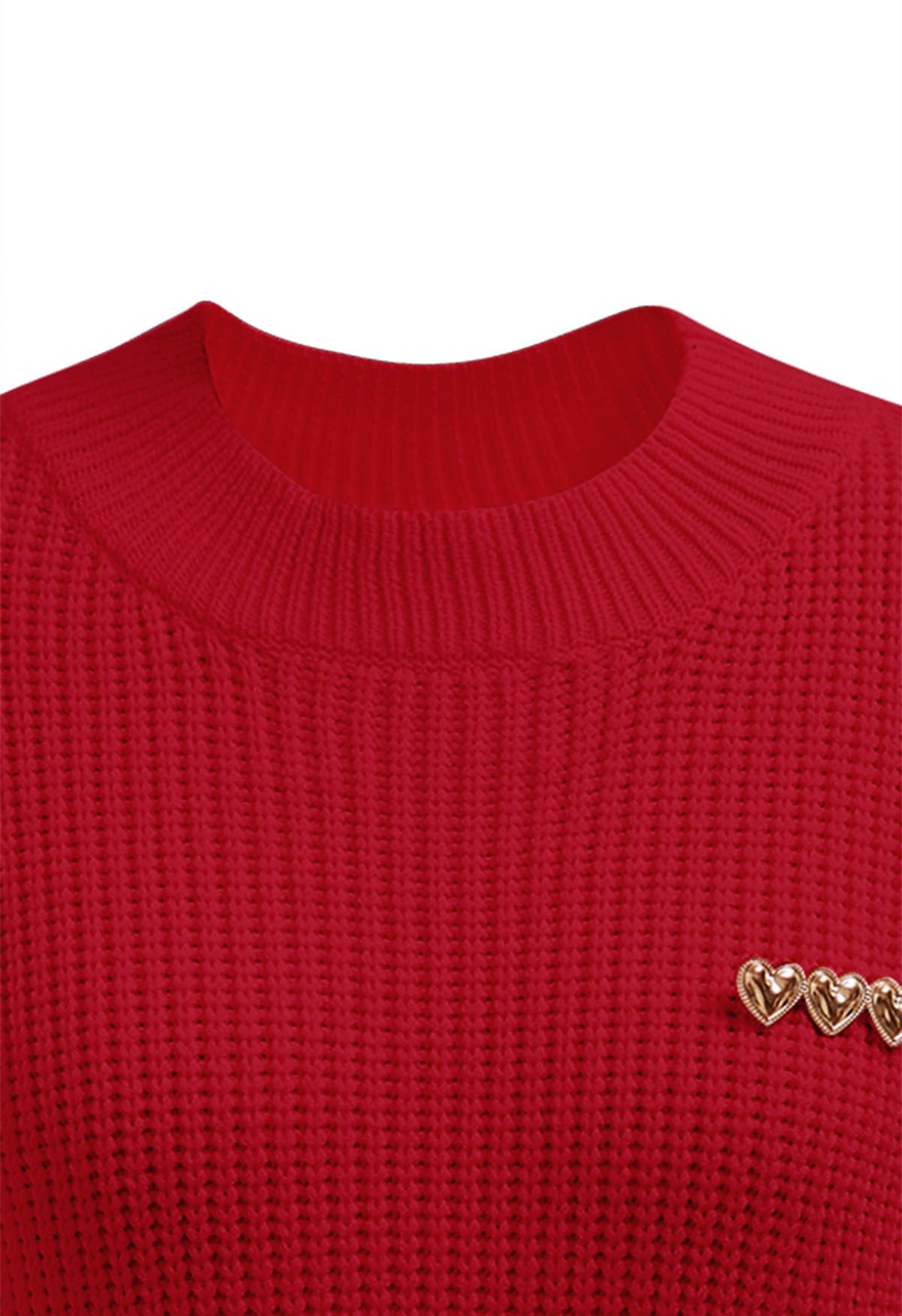 Heart Brooch Elbow Sleeve Knit Sweater in Red