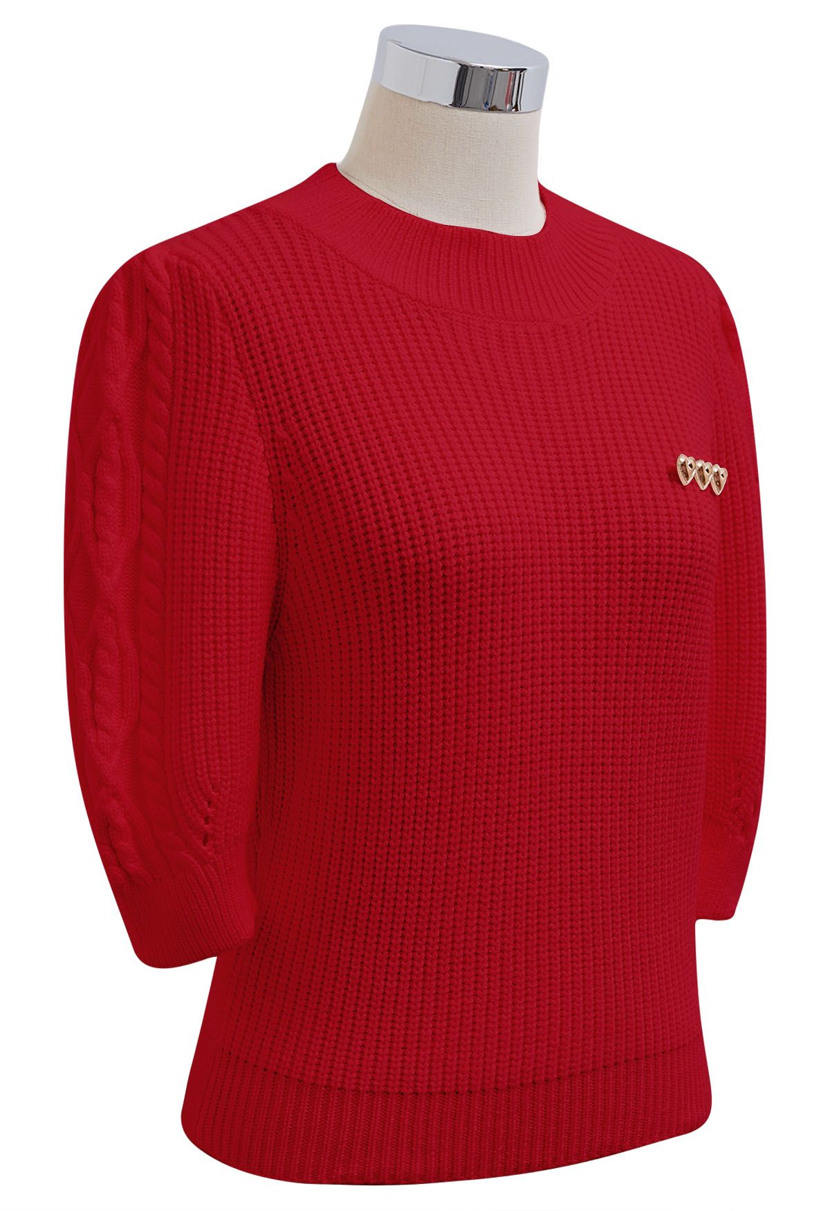 Heart Brooch Elbow Sleeve Knit Sweater in Red