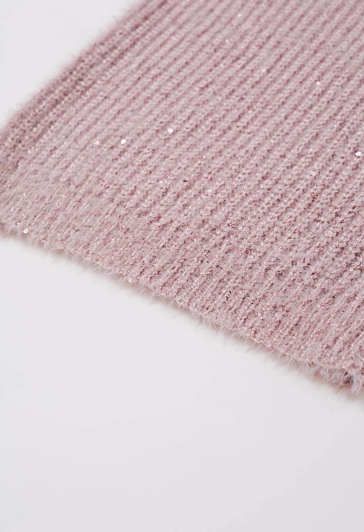 Sequin Fuzzy Short Sleeve Sweater in Pink