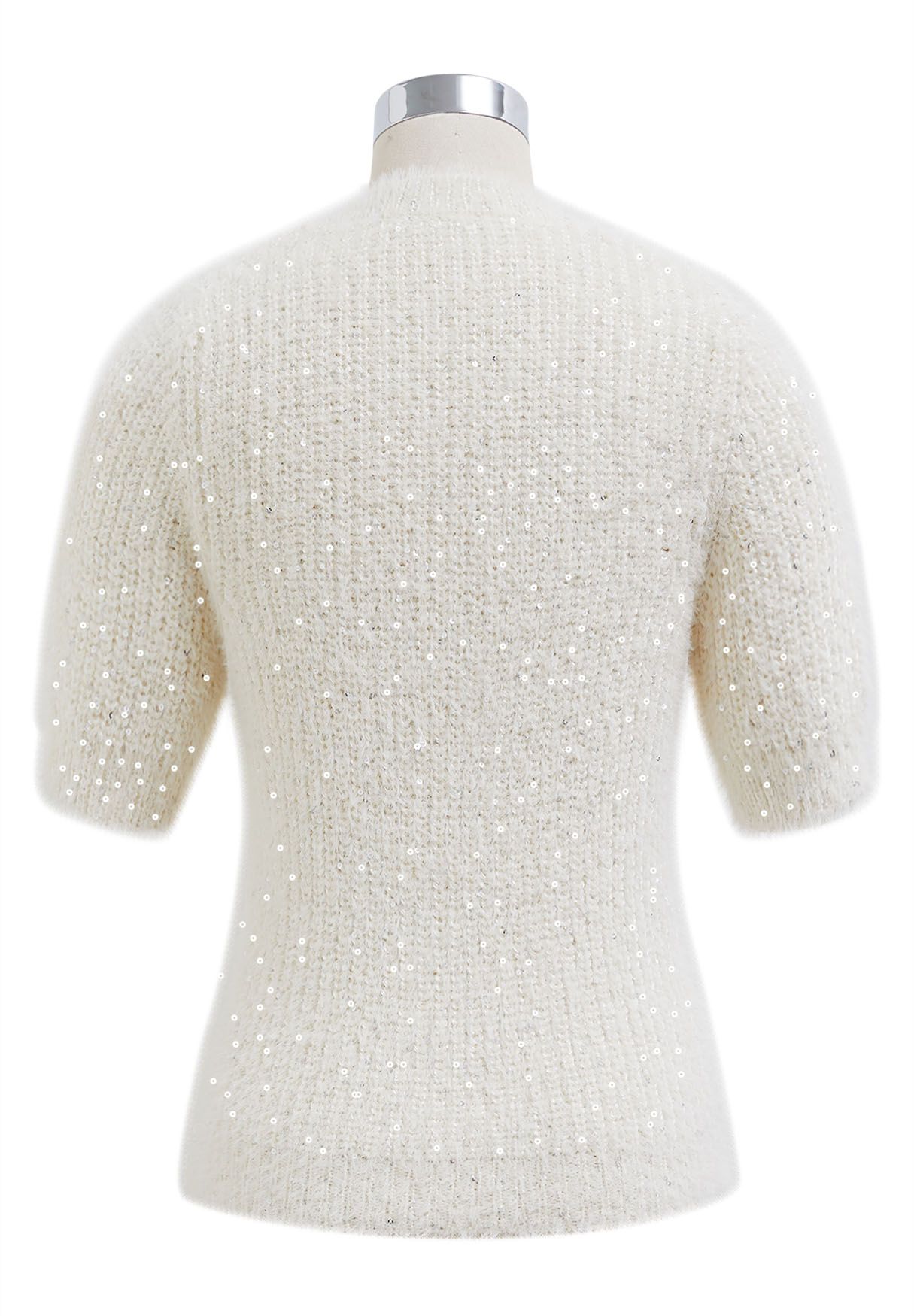Sequin Fuzzy Short Sleeve Sweater in Cream