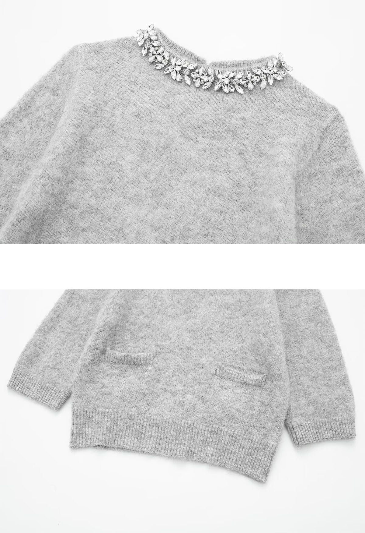 Rhinestone Neckline Front Pocket Knit Sweater