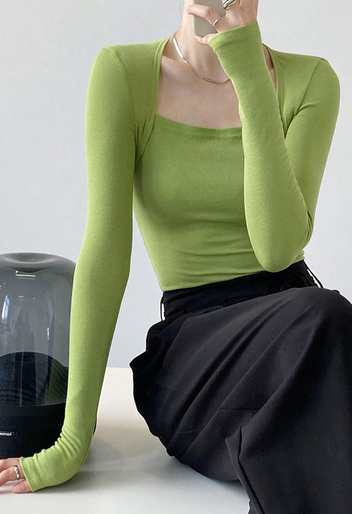 Solid Color Square Neck Soft Top in Green