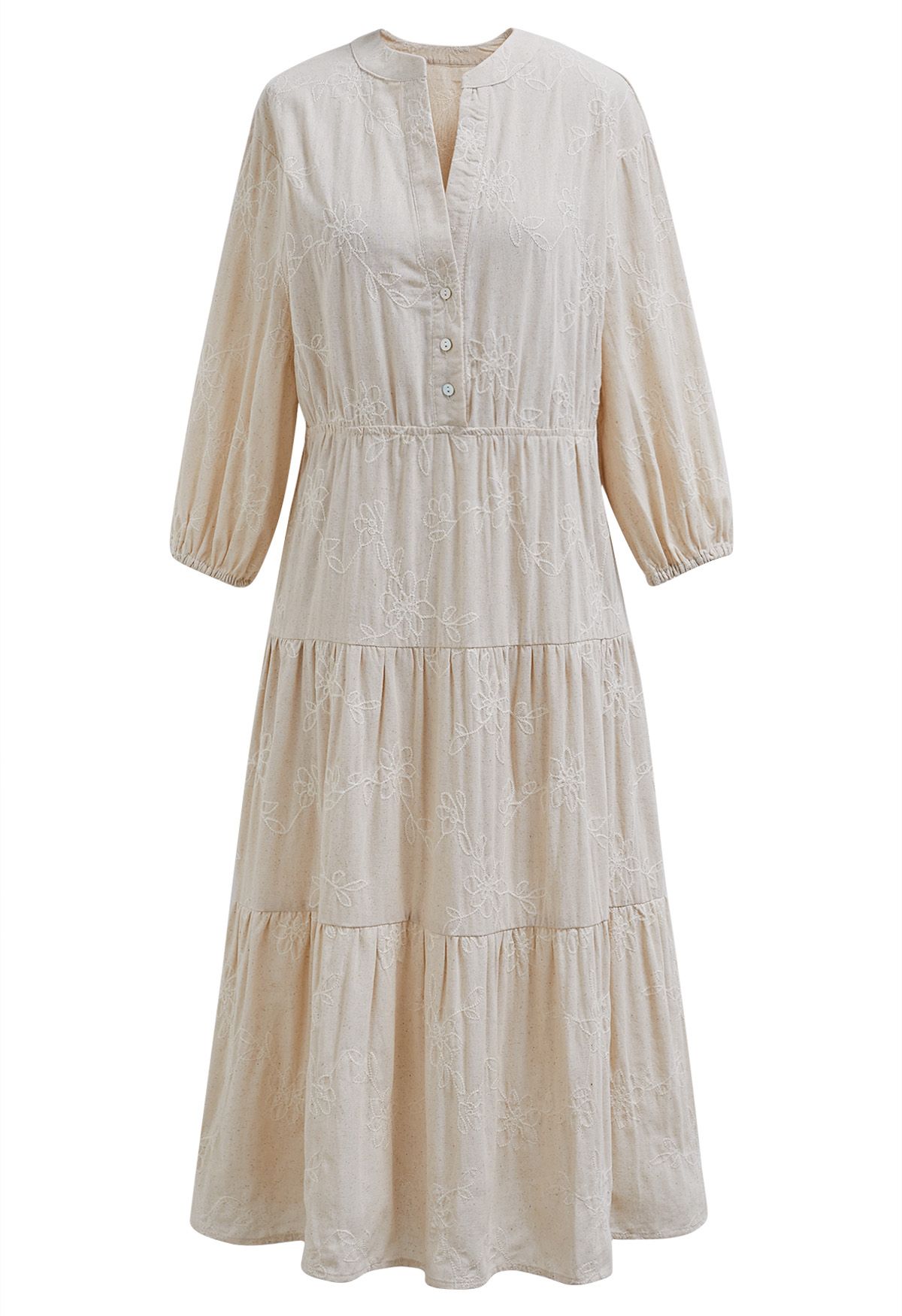 Floral Embroidery Elbow Sleeves Linen Dress