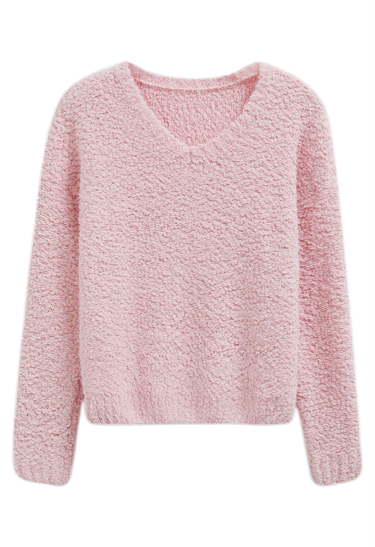 Snug V-Neck Fuzzy Knit Sweater in Pink - Retro, Indie and Unique Fashion