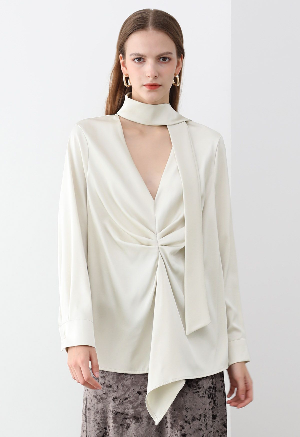 Tie Sash V-Neck Ruched Satin Top in Ivory - Retro, Indie and Unique Fashion