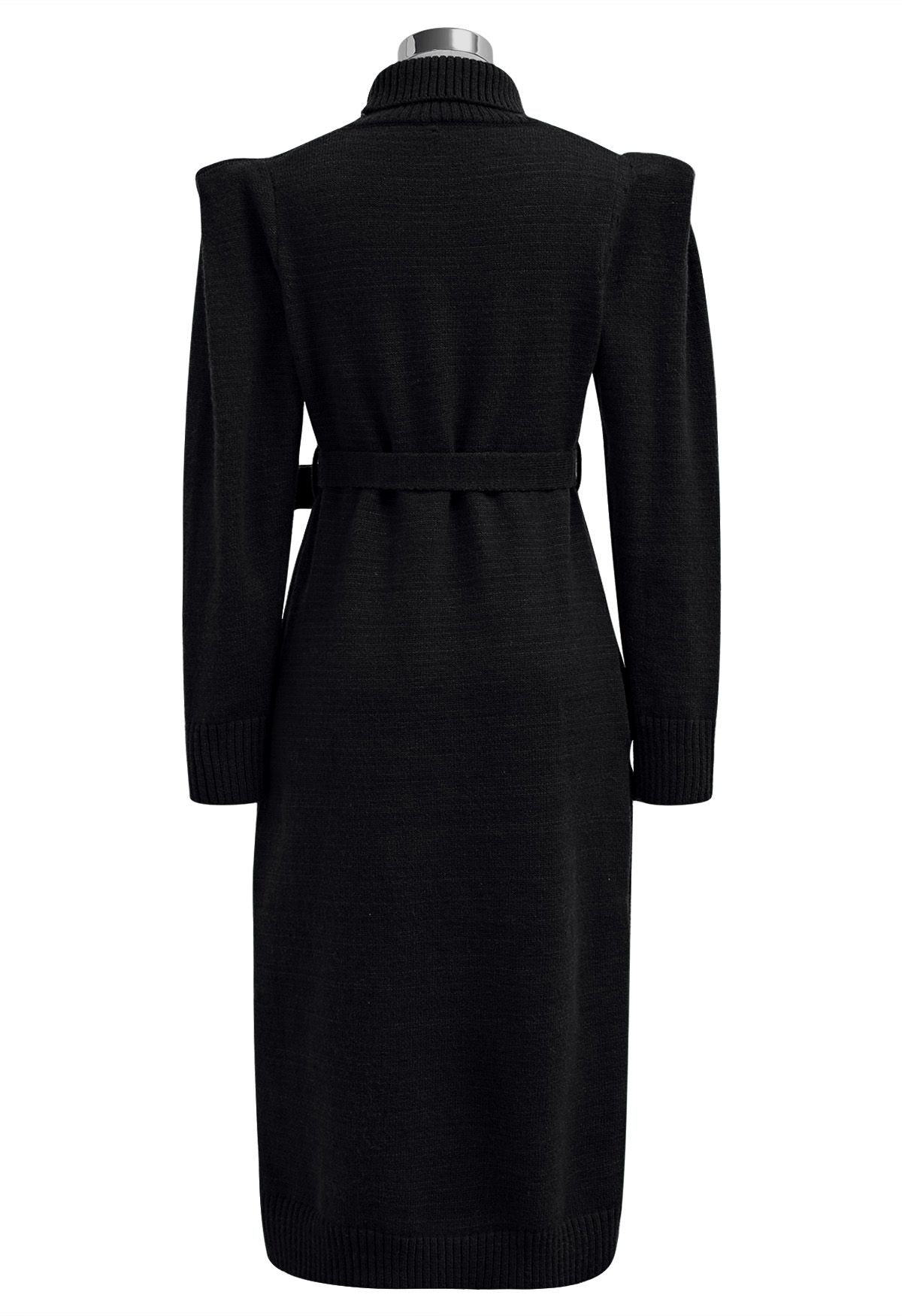 Turtleneck Belted Knit Midi Dress in Black