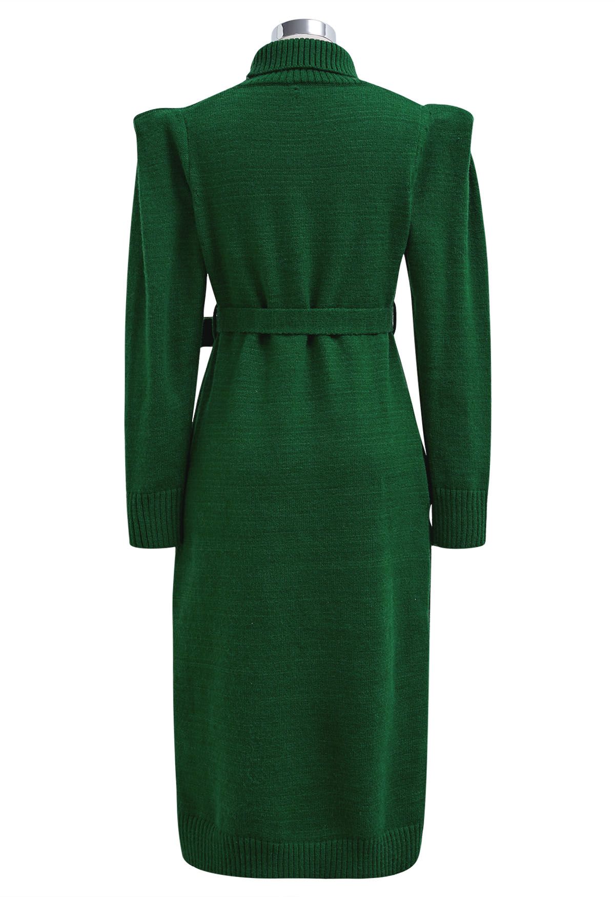 Turtleneck Belted Knit Midi Dress in Green