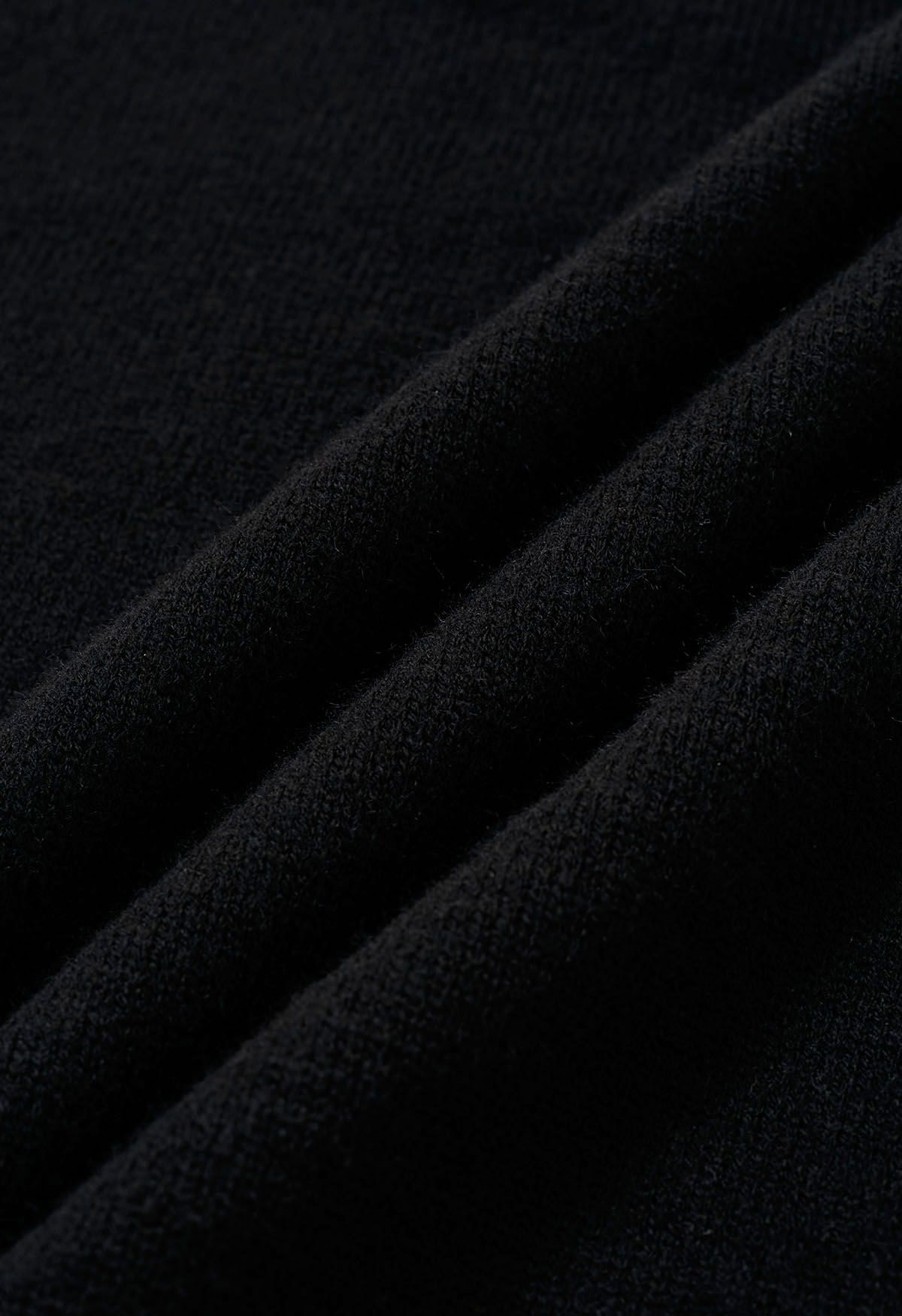 Turtleneck Belted Knit Midi Dress in Black