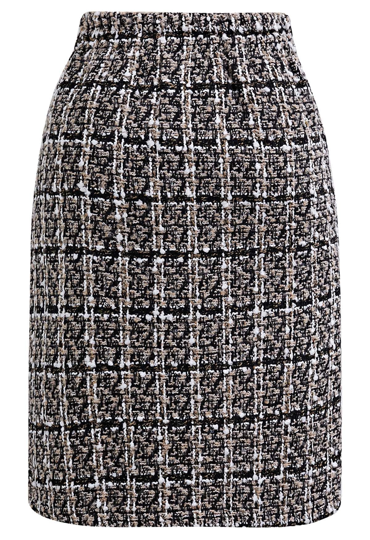 Patch Pocket Buttoned Check Tweed Skirt in Light Tan - Retro, Indie and ...