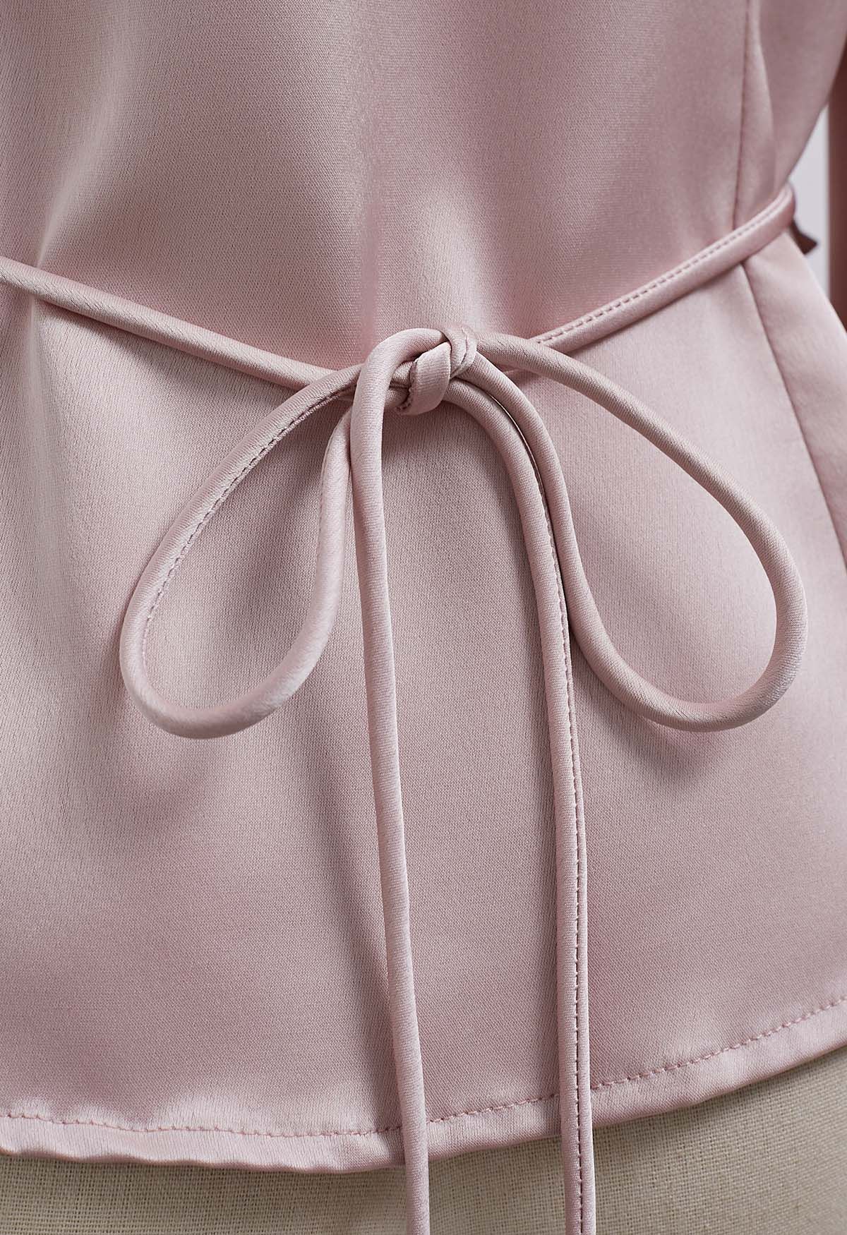 Pointed Collar Tie-Waist Satin Wrap Top in Pink