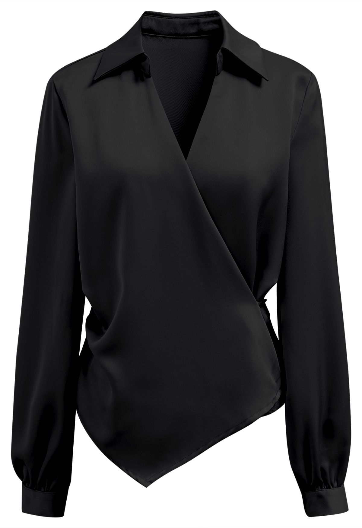 Pointed Collar Tie-Waist Satin Wrap Top in Black - Retro, Indie and ...