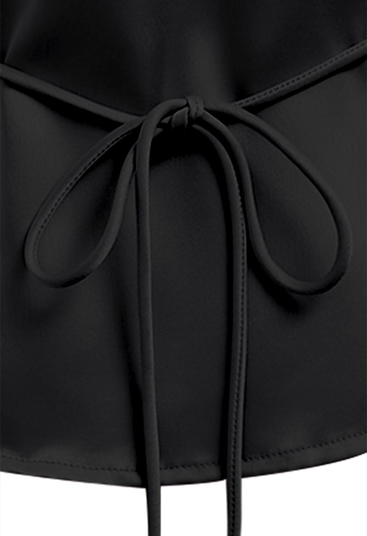 Pointed Collar Tie-Waist Satin Wrap Top in Black