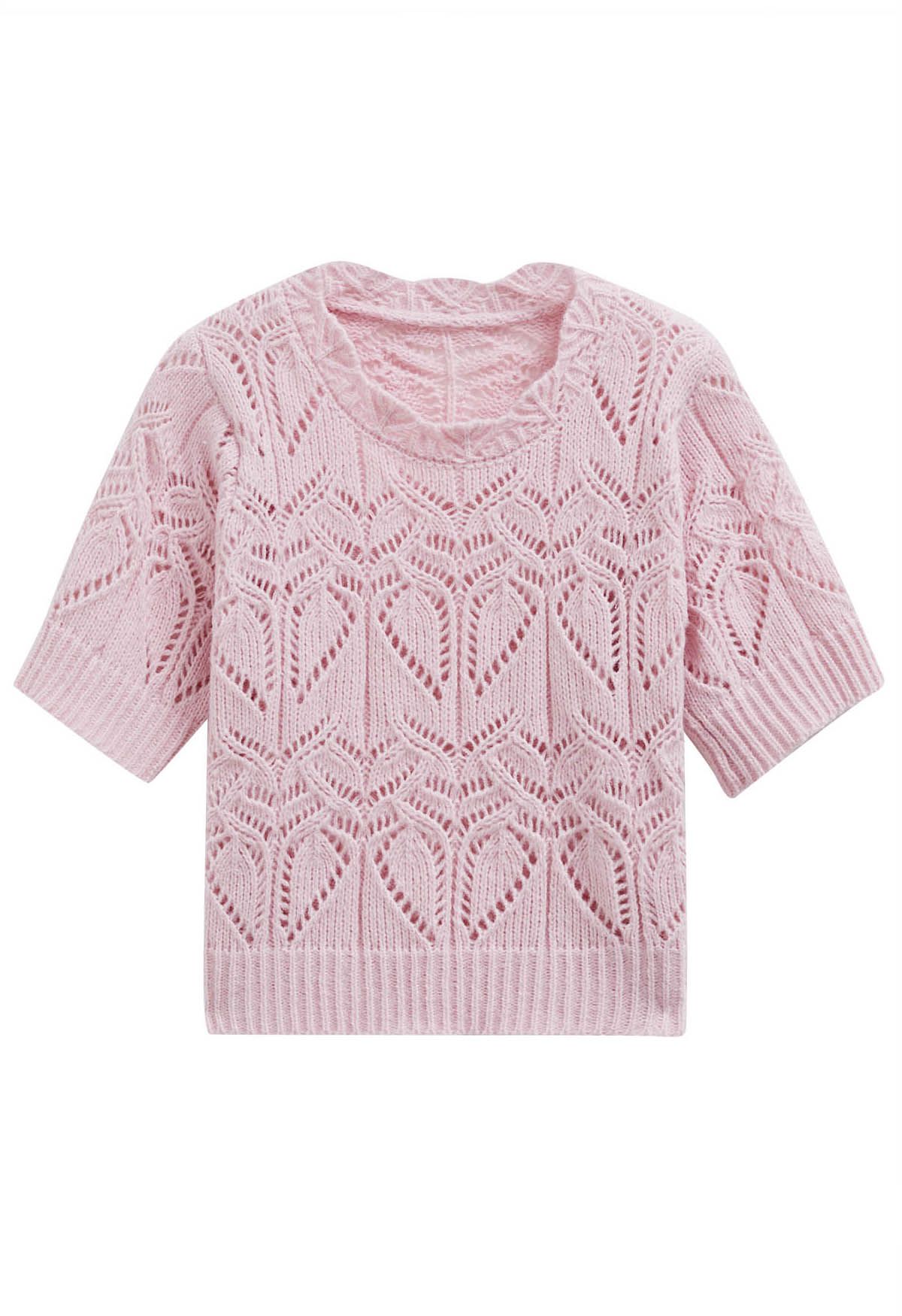 Short-Sleeve Hollow Out Knit Top in Pink
