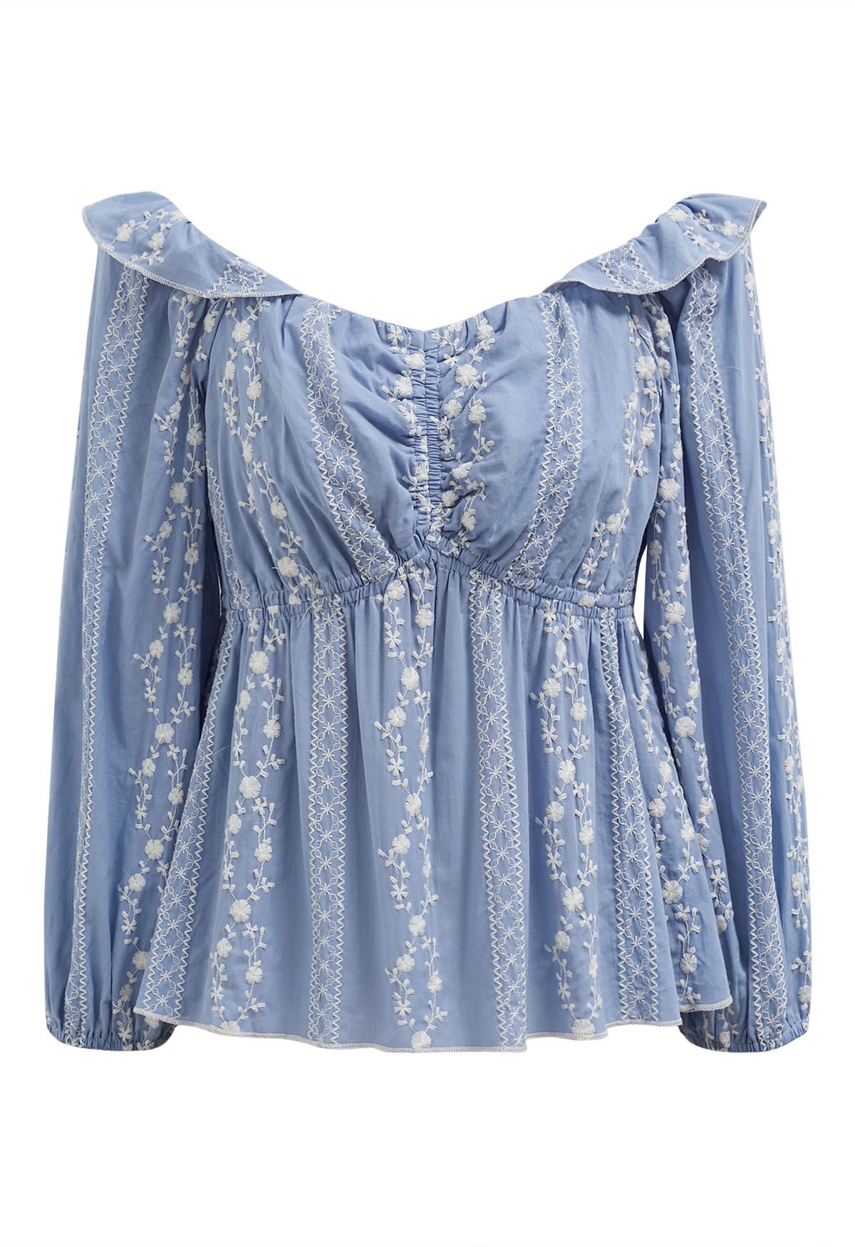Floret Chain Embroidered Dolly Top in Blue