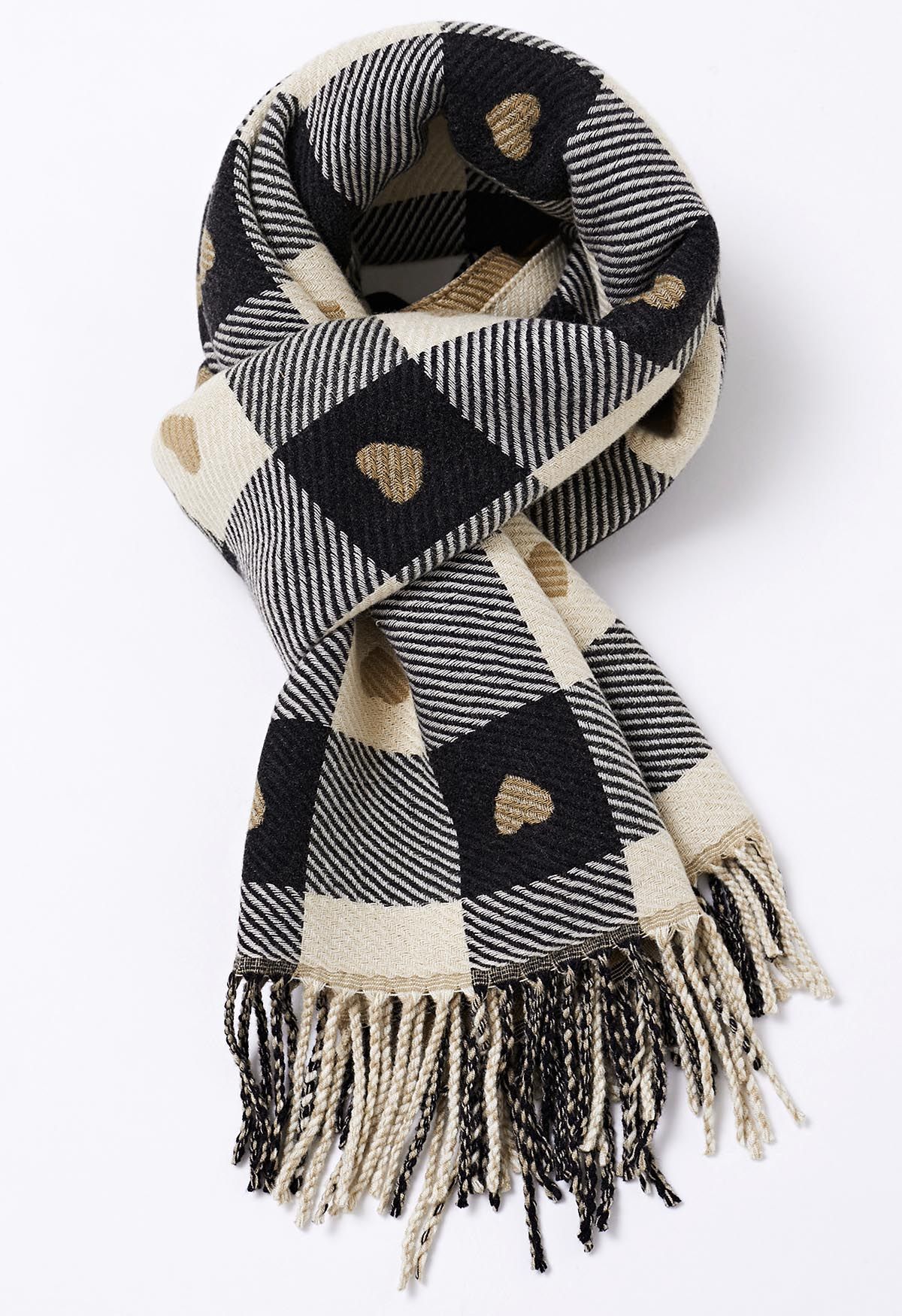 Lovely Heart Check Print Scarf in Black